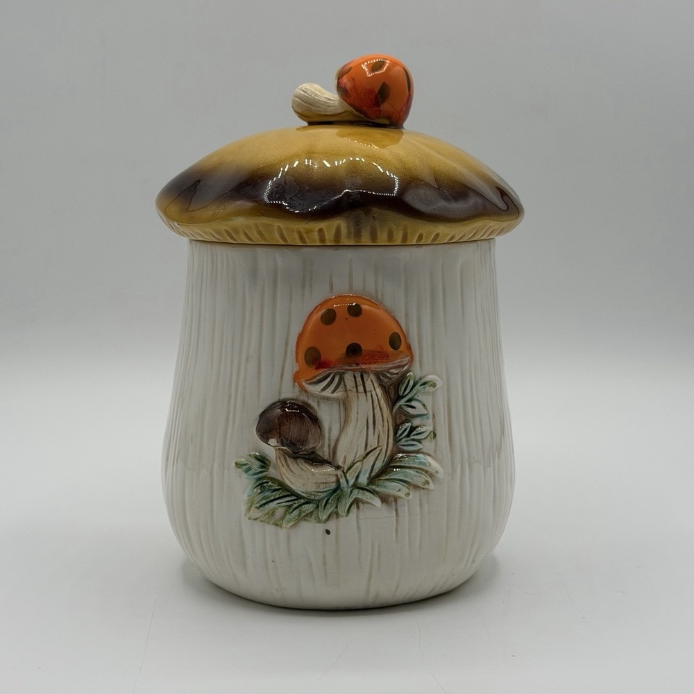 Vintage Sears Merry Mushroom Coffee Canister Ceramic Jar Lid 1970s 7.75" Medium